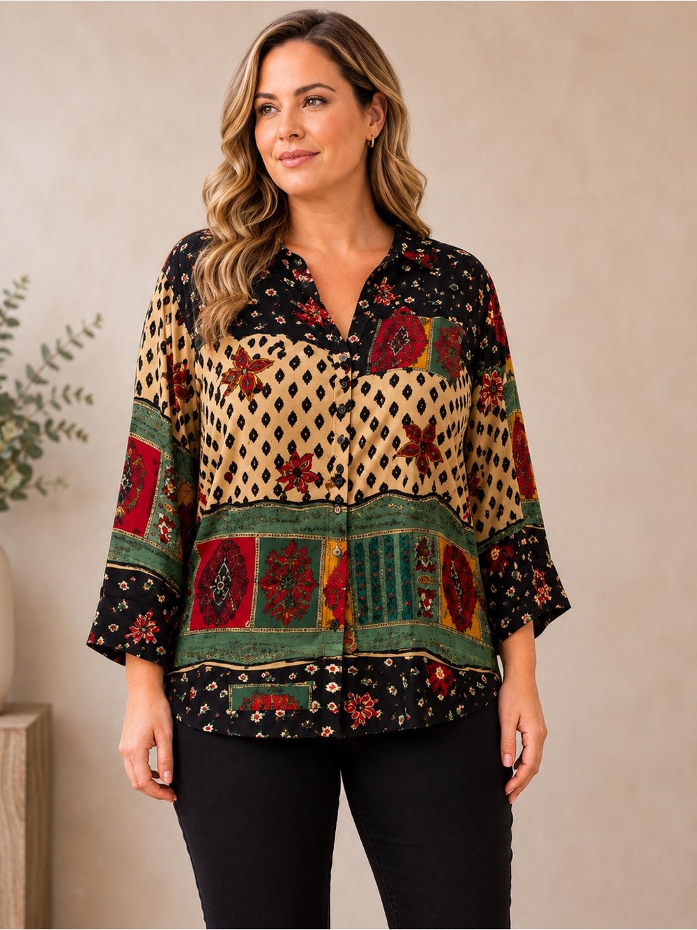 Patch Work Artsy Chic Box’s Shape Vintage GOSSIP 22W Button-Up Blouse